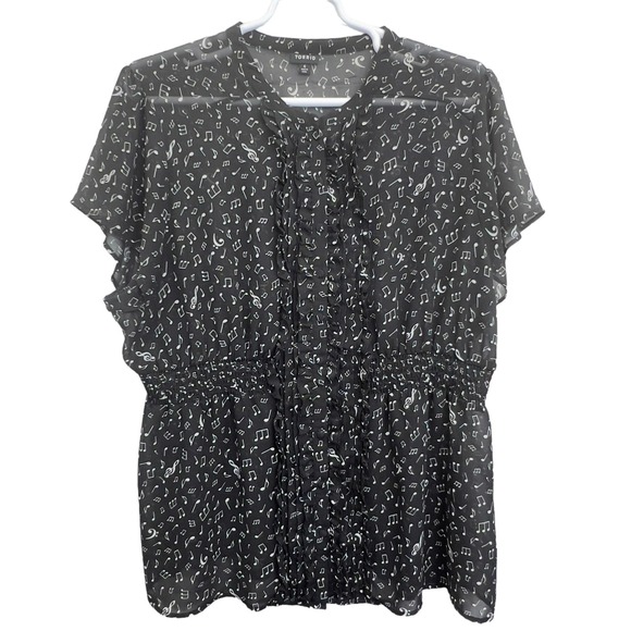 Torrid Music Note Chiffon Top Black White Size 4X Smocked Short Sleeve Blouse - Picture 2 of 12